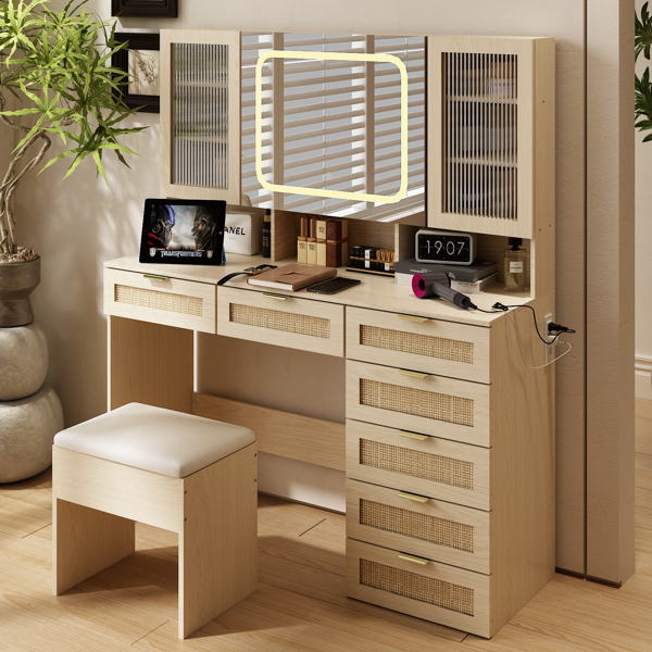 Large Vanity Table Set with LED Lighted Mirror, Vanity Desk with Charging Station, Makeup Table with Glass Doors, Drawers and Storage Shelves, Cushioned Stool for Bedroom, Natural