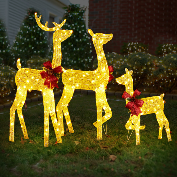 3-Piece Lighted Christmas Reindeer Family Set Outdoor Decorations, Weather Proof 2D Deer Family Set of 3 Christmas Ornament Home Decor Pre-lit 200 LED Warm White Lights with Stakes, Golden