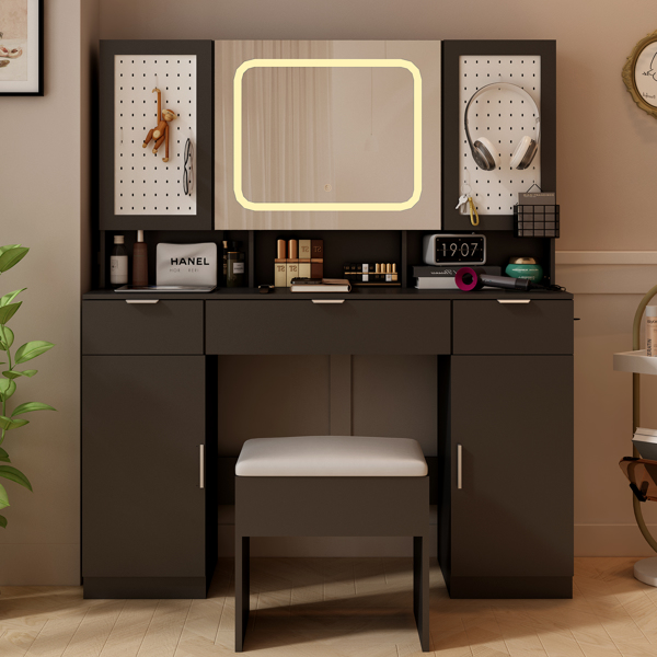 Large Vanity Table Set with LED Lighted Mirror and 2 DIY Pegboards, 5 Hooks, Vanity Desk with Charging Station, Makeup Table with Drawers, Storage Shelves and Cabinets, Cushioned Stool for Bedroom