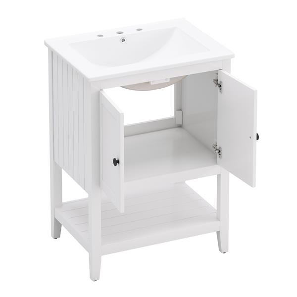 24" White Modern Sleek Bathroom Vanity Elegant Ceramic Sink with Solid Wood Frame Open Style Shelf