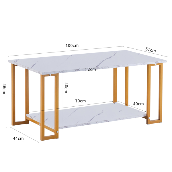  Coffee Table, 2 Layers 1.5cm Thick Marble MDF Rectangle 39.37" L Tabletop Iron Coffee Table , Dining Room, Coffee Shop, Resterant, White Top, Gold Leg 