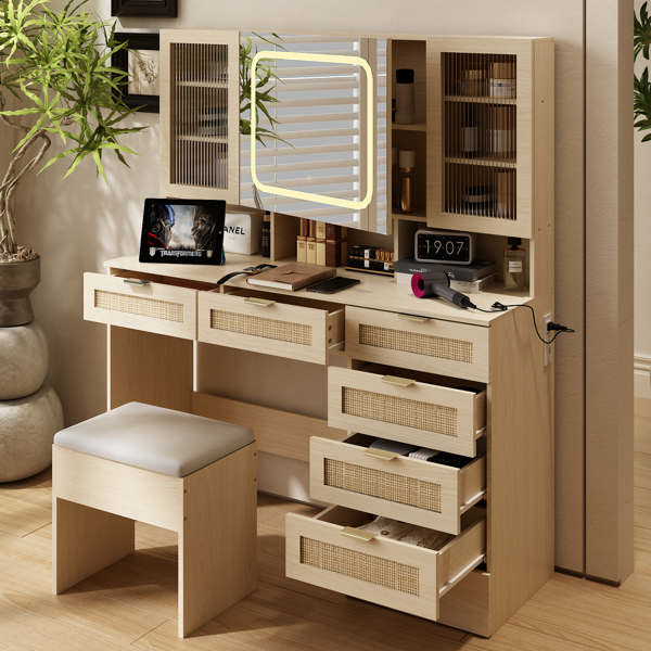Large Vanity Table Set with LED Lighted Mirror, Vanity Desk with Charging Station, Makeup Table with Glass Doors, Drawers and Storage Shelves, Cushioned Stool for Bedroom, Natural