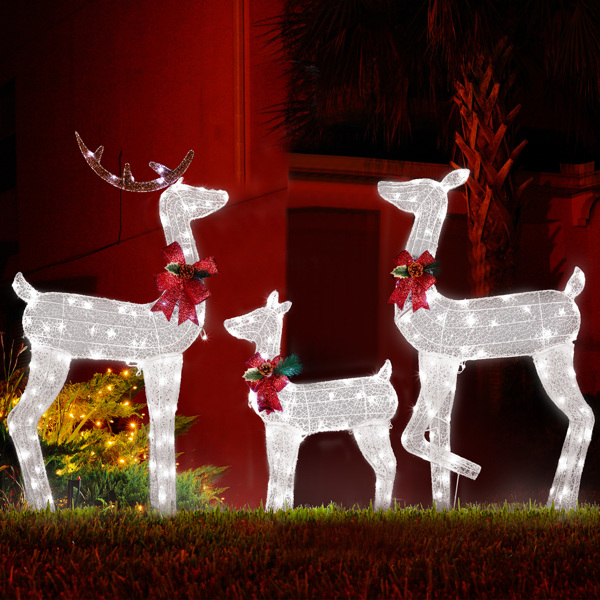 3-Piece Lighted Christmas Reindeer Family Set Outdoor Decorations, Weather Proof 2D Deer Family Set of 3 Christmas Ornament Home Decor Pre-lit 200 LED White Lights with Stakes, White