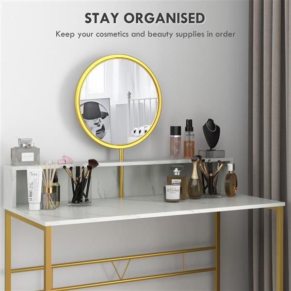 Modern Vanity Makeup Desk with Mirror, Dressing Table with Open Storage, Faux Marble Finish and Steel Frame for Bedroom, White and Gold