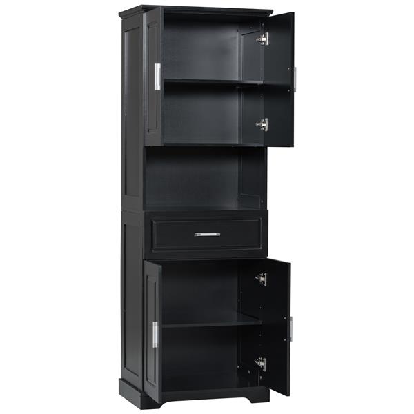 Tall Bathroom Cabinet with Four Doors, Large Storage Space Open Shelve, Upper Storage Cabinet, Black