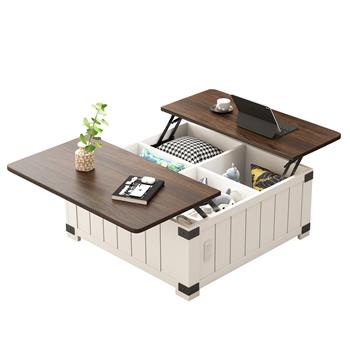 Farmhouse Lift Top Coffee Table with Storage, Wood Square Center Table with Charging Station&USB Ports, Living Room Central Table 4 grids Large Hidden Space, for Living Room, Bedroom, Home Office