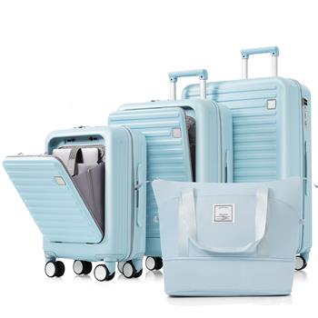 Luggage Set of 4, 20, 24, 28inch with USB Port, 20, 24inch with front opening design Airline Certified Carry on Luggage with Cup Holder, ABS Hard Shell Luggage with Expandable Travel Bag, light blue