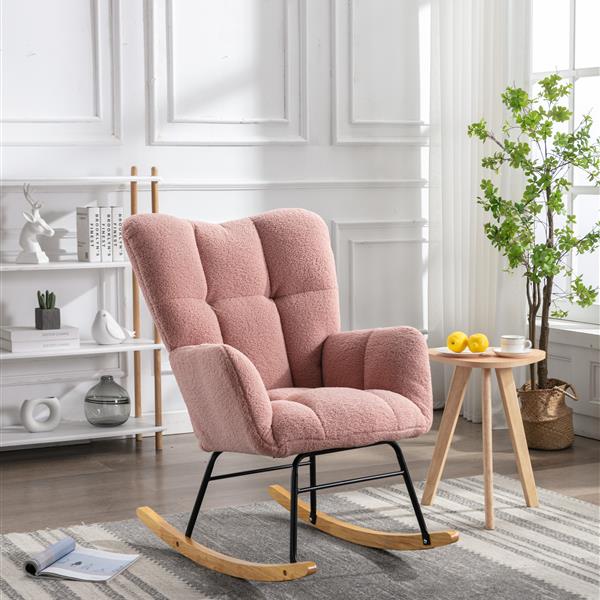 Mid Century Modern Teddy fabric Tufted Upholstered Rocking Chair Padded Seat for Living Room Bedroom,Pink