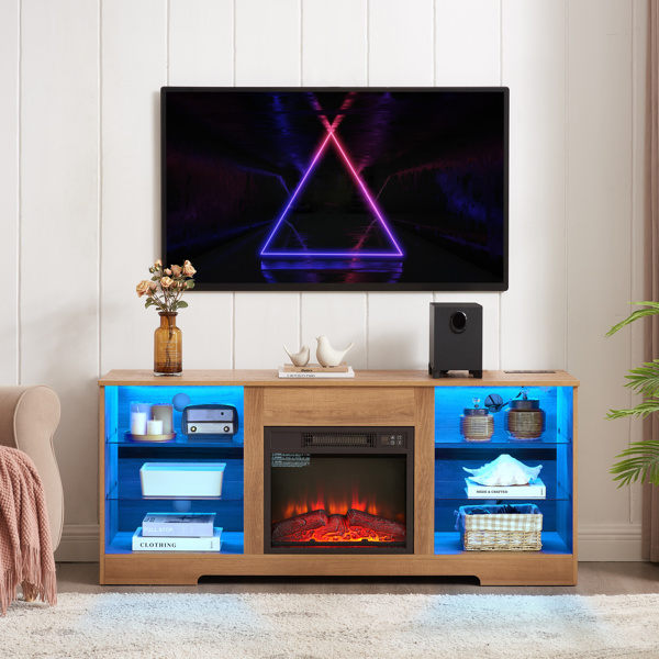 TV Stand Electric Fireplace Glass Shelves, 3D Fireplace TV Stand with LED Lights Wood with USB Charging Outlet Modern Television Table Center for TV up to 62" OAK 58''W*15.5''D*24.4 