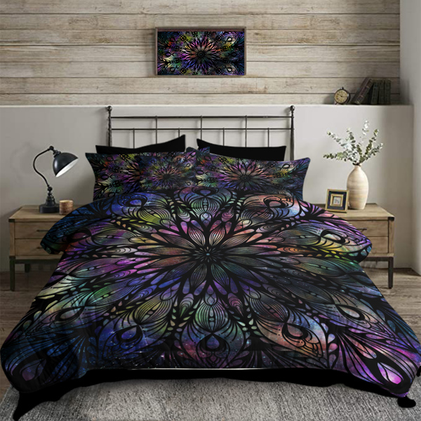 Colored Mandala Flowers Pattern Comforter Set 8PCS King Size Soft Bedding Set - 1 Comforter，1 Pilow Cover，1 Flat Sheet，1 Fitted Sheet，4 Cushion Cover