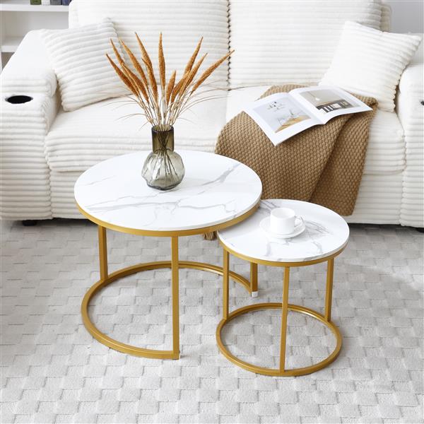 Set 2 Coffee Table Nesting White and gray top  Golden Frame Circular Round and Marble Pattern Wooden Tables, Living Room Bedroom Apartment Modern Industrial Simple Nightstand