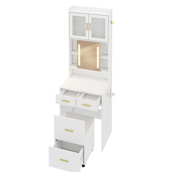 Small Vanity Desk with Sliding Mirror and LED Lights, Makeup Table with Charging Station and Storage Shelves for Small Space, Compact Mini Corner Vanity Set with Hidden Storage Stool for Bedroom