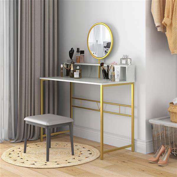 Modern Vanity Makeup Desk with Mirror, Dressing Table with Open Storage, Faux Marble Finish and Steel Frame for Bedroom, White and Gold