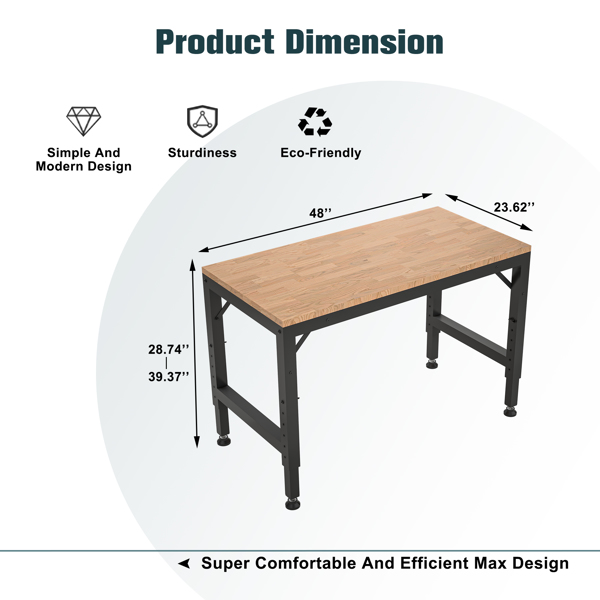 48" Heavy-Duty Adjustable Workbench, Rubber Wood Shop Table with Rubber Pads, over 2000 Lbs Capacity Hardwood Work Benches for Garage, Workshop, Office, Home