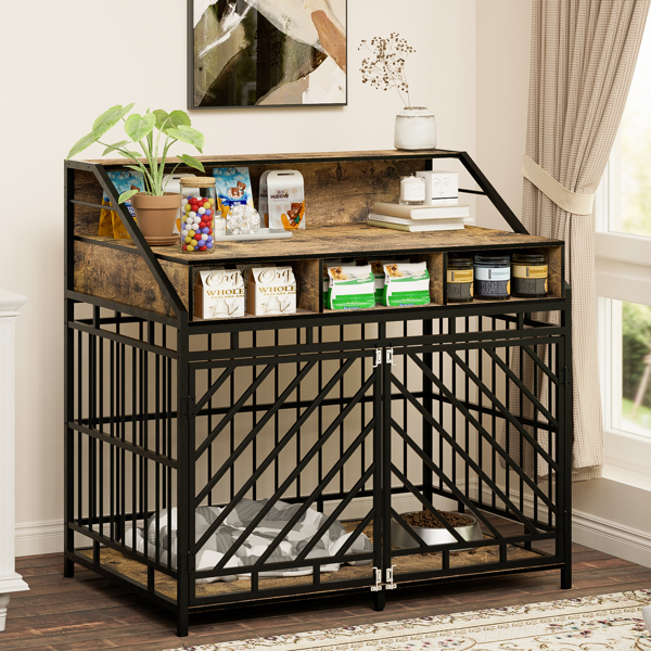 43.3 inch Dog Cage Furniture for Large Dogs,Wooden Dog Crate with Divider,Double Door Dog Kennel with Three Drawers Storage,Heavy Duty Dogs Decorative Pet House for Large Medium Dogs