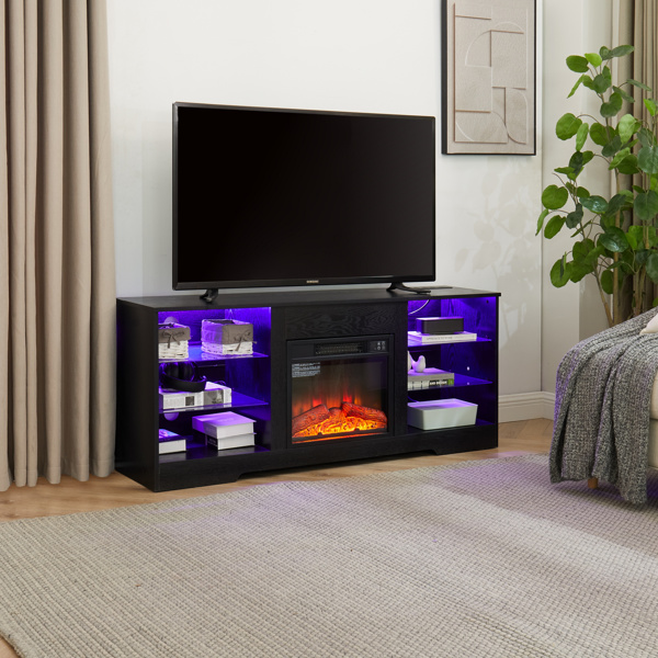 TV Stand Electric Fireplace Glass Shelves, 3D Fireplace TV Stand with LED Lights Wood with USB Charging Outlet Modern Television Table Center for TV up to 62" Black 58''W*15.5''D*24.4 