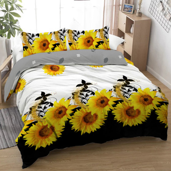 3 Pieces Black And White Background Sunflower Duvet Cover Set Yellow Flower Polyester Bedding Set For Adults Bedroom Decor King Size