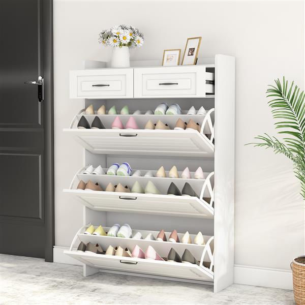 1250 White color shoe cabinet  with 3 doors 2 drawers,PVC door with shape ,large space for storage