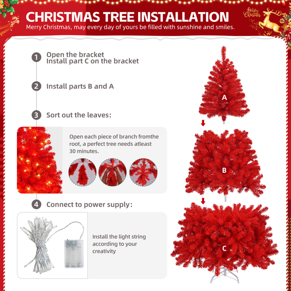 6 FT Artificial Christmas Tree with DIY 100 Warm Lights Battery Operated, 750 Branch Tips and Sturdy Metal Stand, Red