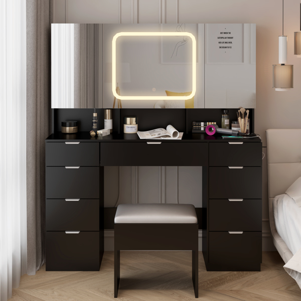 Large Vanity Table Set with 3 Opening Mirrors and LED Lights, Vanity Table with Full Storage Behind Mirror, Makeup Table with Drawers and Storage Shelves, Cushioned Stool for Bedroom, Black