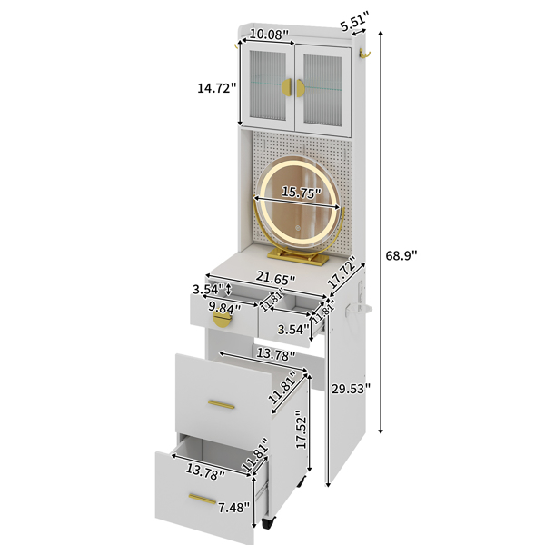 Small Vanity Desk with Mirror and LED Lights, Makeup Table with Charging Station and drawers and Storage Shelves for Small Space, Compact Mini Corner Vanity Set with Hidden Storage Stool for Bedroom