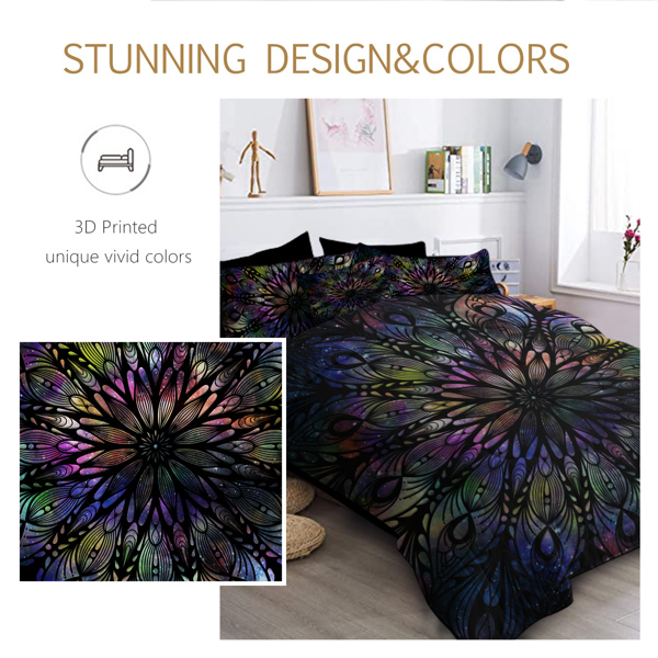 Colored Mandala Flowers Pattern Comforter Set 8PCS King Size Soft Bedding Set - 1 Comforter，1 Pilow Cover，1 Flat Sheet，1 Fitted Sheet，4 Cushion Cover