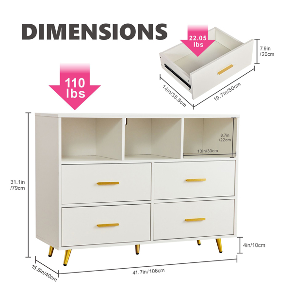 Schrank mit Schubladen, Tv Schrank für 32 40 43 Zoll TV, Holz Kommode mit 4 Schubladen & 3 Offenen Fächern, Kommode Schubladen für Schrank, Wohnzimmer, Schlafzimmer (Weiß)