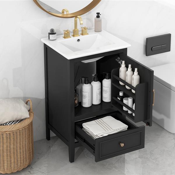 20" Bathroom Vanity with Sink, Bathroom Cabinet with Two Doors, Door Shelf Storage and Adiustable Foot Pads, A Drawer, Black