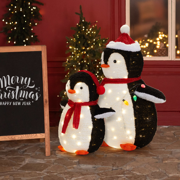 2-Piece Lighted Plush Penguins Christmas Yard Decorations, Set of 2 Pre-lit Pull Up Penguins with 150 Warm White LEDs, Multi-color Light String and Stakes for Xmas Outdoor Holiday Indoor Decor