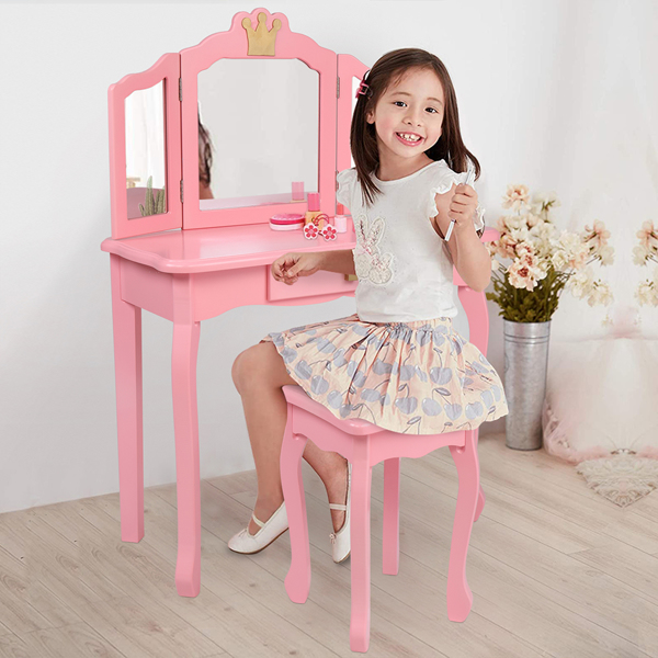 Children's Wooden Dressing Table Three-Sided Folding Mirror Dressing Table Chair Single Drawer Pink Crown Style