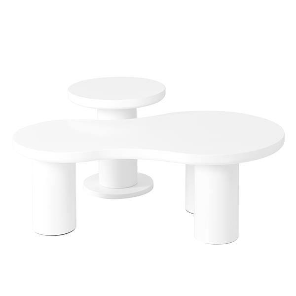 Easy Assembly Nesting Coffee Table Set of 2, Cream Style Cloud Coffee Table with Round Small Side Table,  Irregular Center Table with Thick Legs for Living Room, White, 39.3''x 13.7'',Φ15.7''