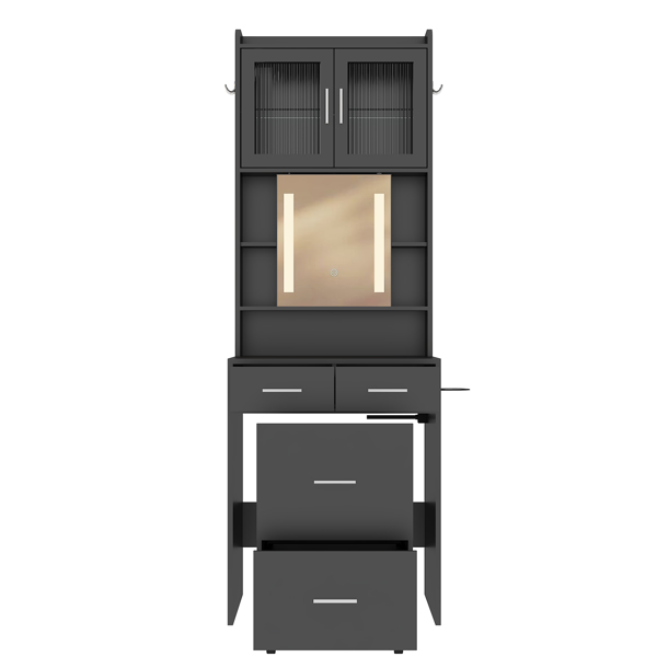 Small Vanity Desk with Sliding Mirror and LED Lights, Makeup Table with Charging Station and Storage Shelves for Small Space, Compact Mini Corner Vanity Set with Hidden Storage Stool for Bedroom