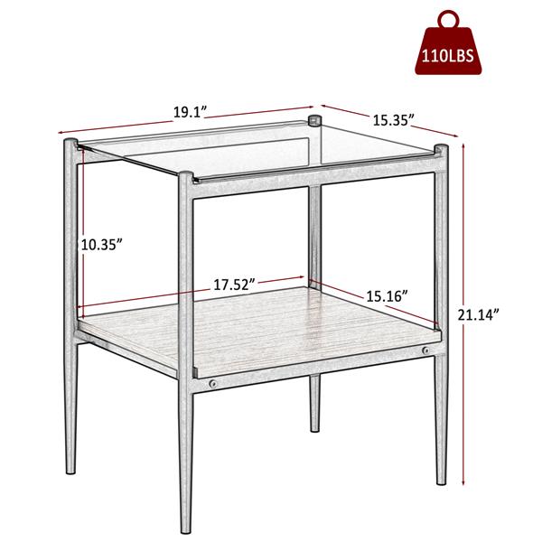 Set of 2 Rectangle End Table, Tempered Glass Tabletop with MDF layer, Modern Table for Living Room , Brown Glass