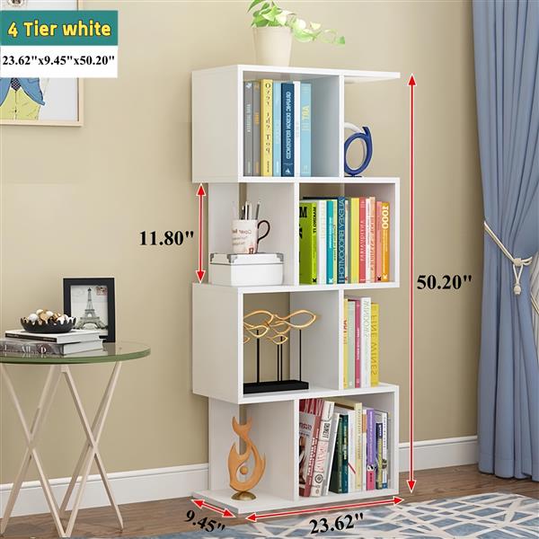 4 Tier Storage Shelf S Shaped Bookcase, Multifunctional Wooden Display Decor Furniture, Free Standing Industrial Storage Rack for Living Room Bedroom Office, Modern 4 Shelf Bookcase (1 White)