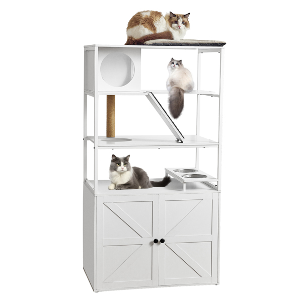 Katzenklo Schrank, Katzentoilette Möbel, Katze Waschraum Schrank mit Kratzbaum, Katzenhaus Hölzerne für Meiste Katze und Katzenklo Selbstreinigend (Weiß, 150x53x80 cm)