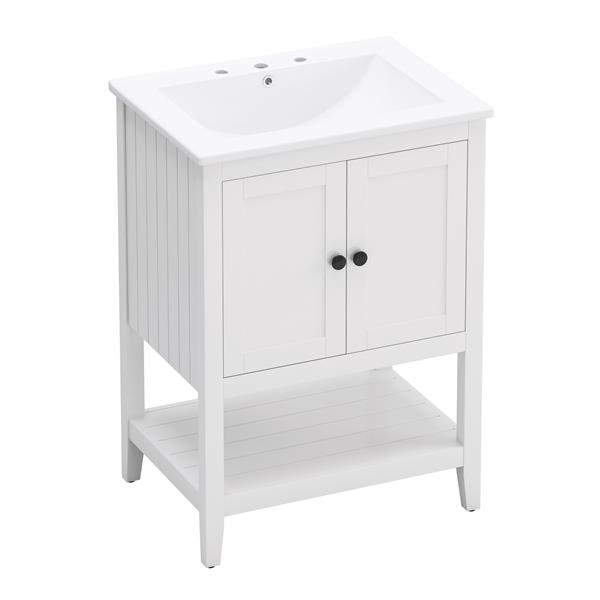 24" White Modern Sleek Bathroom Vanity Elegant Ceramic Sink with Solid Wood Frame Open Style Shelf