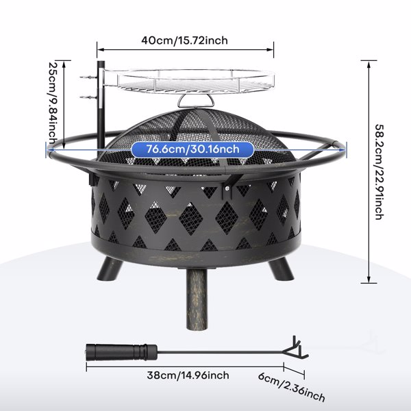 Feuerschalen für den Garten,Feuerschale mit funkenschutz und Schürhaken, feuerschale mit grillrost, BBQ Feuerstelle Outdoor,76x76x52cm,für den Garten, Heizung, Terrasse, Lagerfeuer und Camping