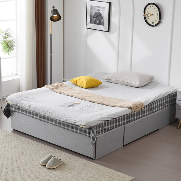 Full Bed Frame with 3 Large Drawers, Fabric Upholstered Platform Bed, Wooden Slat Support, No Box Spring Needed, Easy Assembly, Light Grey