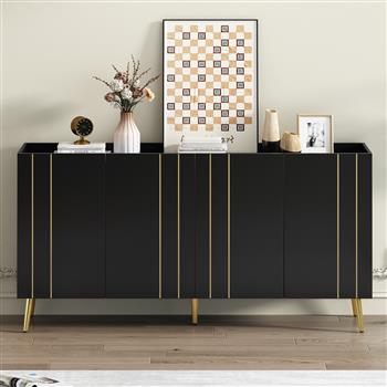 Luxurious Shoe Cabinet with 5 Metal Legs, Modern TV Stand with 4 Adjustable Shelves for TVs Up to 70\\", Minimalist Sideboard Cabinet with Gold Lines Doors for Living Room,62.9\\"x 31.4\\",Black