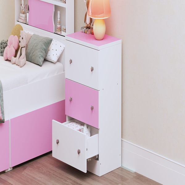 3-Drawer Wooden Nightstand with Colorblock Design and Plastic Handle, Wood Side Table with Storage Cabinet for Bedroom, White+Pink 