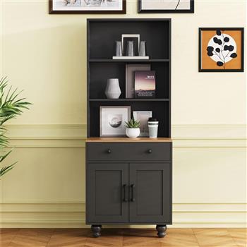 Farmhouse Storage Cabinet with 4 Solid Wood Gourd-Shaped Legs, Modern Kitchen Pantry Cabinet with Adjustable Shelves, 5 Tier Bookshelf with Drawer for Living Room, Black