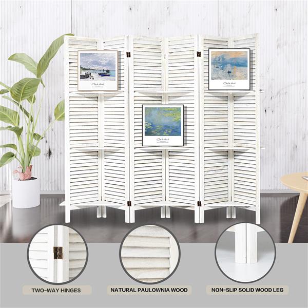 Room Divider with Shelves, 6 Panel Room Dividers and Folding Privacy Screens, Partition Room Divider Temporary Wall, Freestanding Room Divider for Home Office Studio Apartment (White)