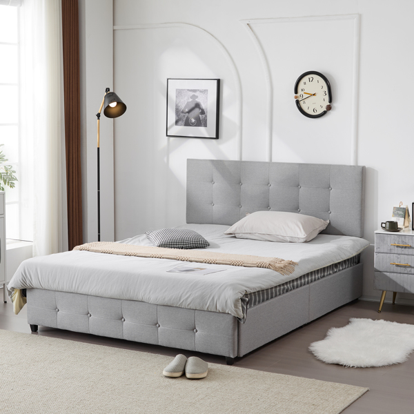 Upholstered Queen Platform Storage Bed Frame with 4 Drawers, Adjustable Headboard with Button Tufted Design, Wooden Slat Support, No Box Spring Needed, Light Grey