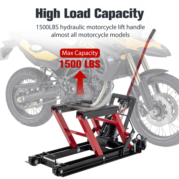 Hydraulic Motorcycle Lift Jack, 1500 LBS Capacity Foot-Operated Motorcycle Lift Table, ATV Scissor Lift Jack with 4.5" - 15" Lifting Range, Portable Motorcycle Lift Table with 4 Wheels.