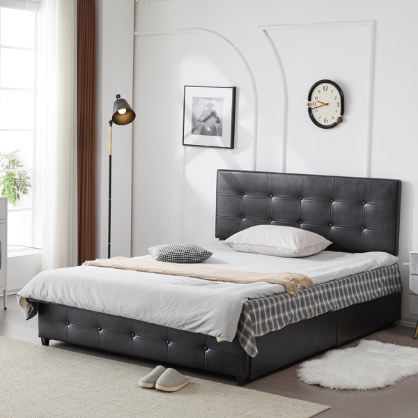 Upholstered Queen Platform Storage Bed Frame with 4 Drawers, Adjustable Headboard with Faux Leather Button Tufted Design, Wooden Slat Support, No Box Spring Needed, Black