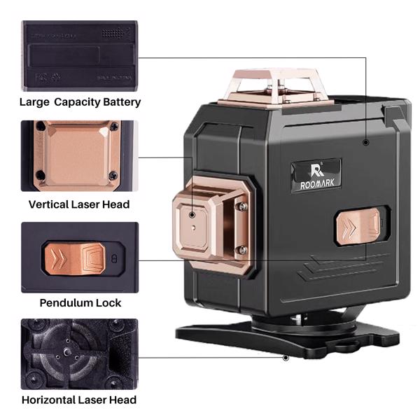 Kreuzlinienlaser Grün 4x360°, Laser Wasserwaage 16 Linien, Baulaser Kreuzlaser Linienlaser Selbstnivellierende, 6000 mAh Batterien, Wandhalterung, Fernbedienung, Magnetfuß, Drehständer (Schwarz-Gold)