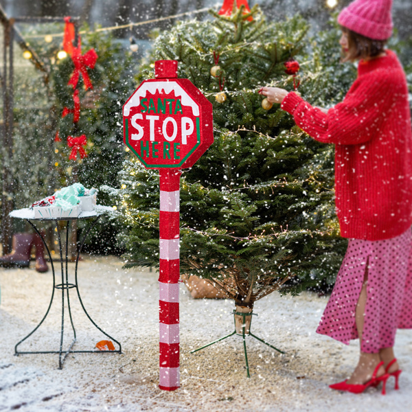 Lighted STOP Sign Christmas Yard Decorations, Pre-lit Road Sign SANTA STOP HERE with 70 LED White Lights and Stakes for Xmas Outdoor Holiday Indoor Decor Lighted Holiday Displays