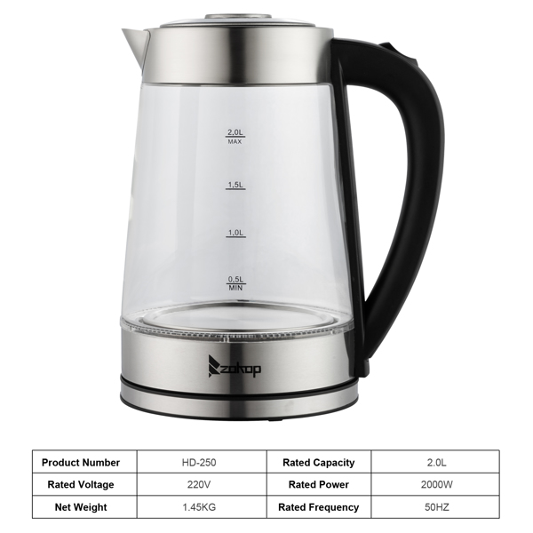  【Old Code：42128382】ZOKOP HD-250 220V 2000W 2L Blue Glass Electric Kettle