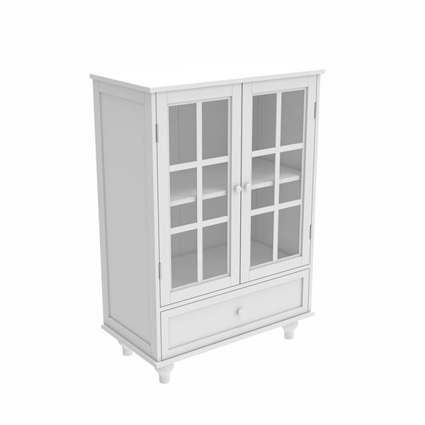 Minimalist White Buffet Cabinet with Double Glass Doors and Drawer, Modern Wooden Storage Sideboard Cupboard for Living room, Dining Room Hallway Entryway