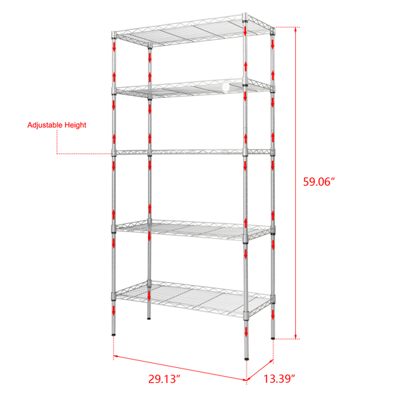 XM-304B Rectangle Carbon Steel Metal Assembly 5-Shelf Storage Rack Silver Gray